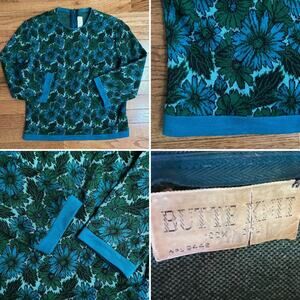 Vintage 60’s 100% wool BUTTE KNIT Cropped Sweater Blue & Green Mod Floral SM